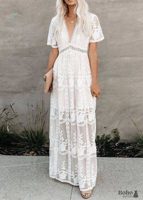 Vestido largo bohemio de encaje blanco Natalia